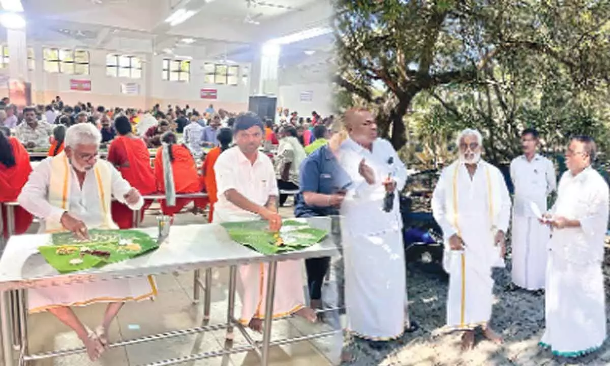 TTD Chairman Y V Subba Reddy having meals along with devotees after inspecting an Annadanam centre in Tirumala on Monday; TTD Chairman Y V Subba Reddy inspecting MBC area where the TTD is going to set up Annadanam centre to devotees, in Tirumala on Monday