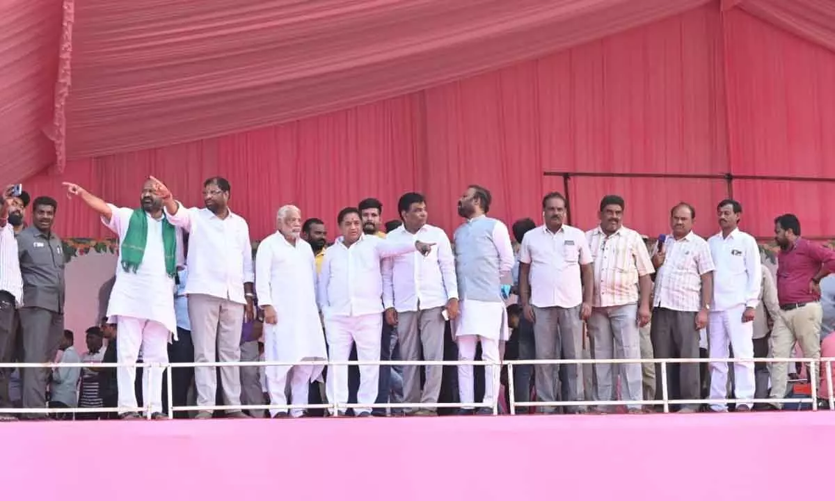 BRS leaders K Keshava Rao, Nama Nageswara Rao, Suresh Reddy, Damodar Rao, Ravichandra and Venkatesh supervising the meeting arrangements at Khammam on Tuesday