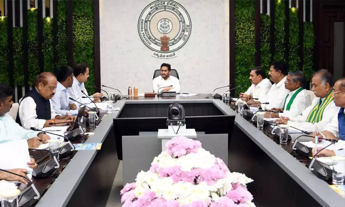 Chief Minister Y S Jagan Mohan Reddy holding a review meeting on agriculture at his camp office in Tadepalli on Wednesday