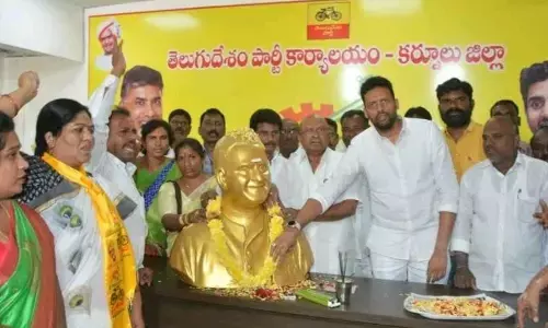 TDP leaders Somisetty Venkateswarlu and TG Bharat paying floral tributes to former chief minister NT Rama Rao on the occasion of his 27th death anniversary  at party office in Kurnool on Wednesday.
