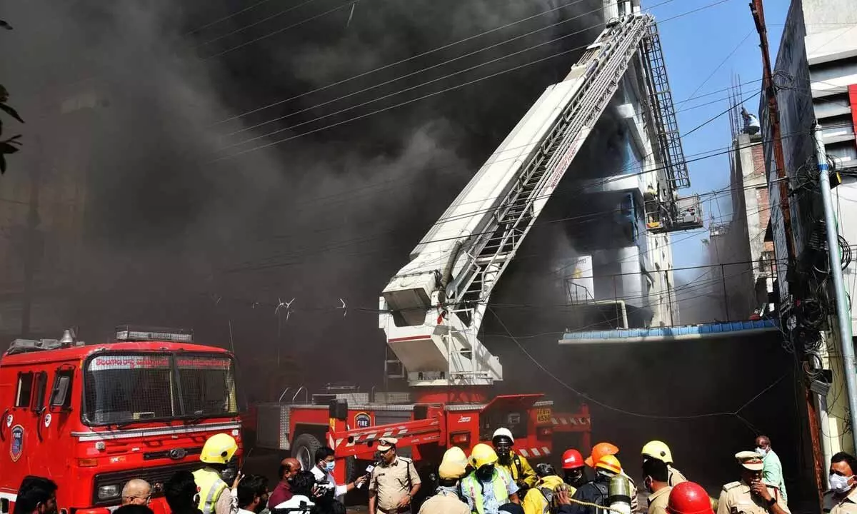 The Fire department personnel take up rescue operation on the Ministers Road in Secunderabad on Thursday  Photos:  Adula Krishna