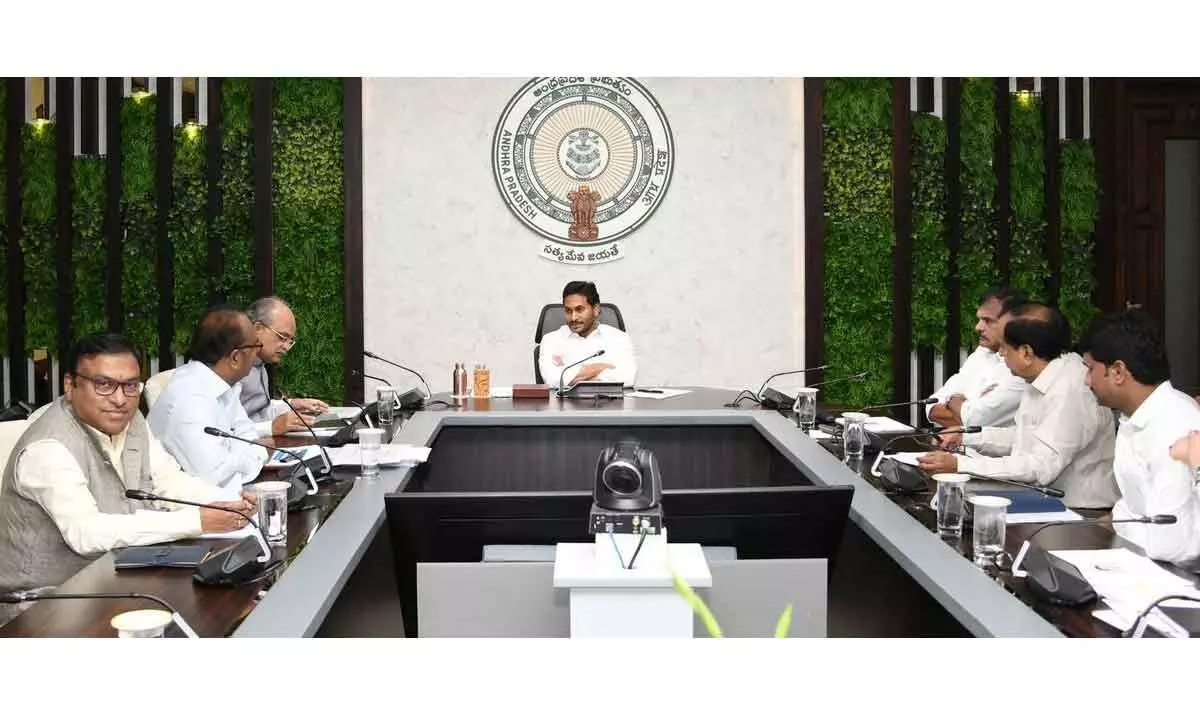 Chief Minister Y S Jagan Mohan Reddy holding a review meeting on higher education at his camp office in Tadepalli on Thursday