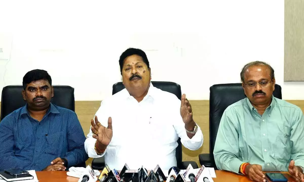 Civil Supplies Minister K Venkata Nageswara Rao addressing the media at Vijayawada on Thursday