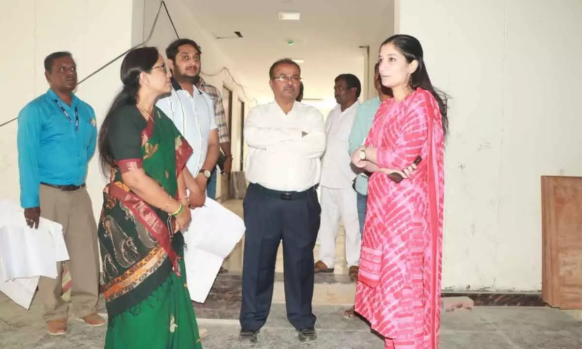 Mayor Dr Sirisha and Municipal Commissioner Anupama Anjali inspecting the Indoor Stadium, which is nearing completion in Tirupati on Thursday