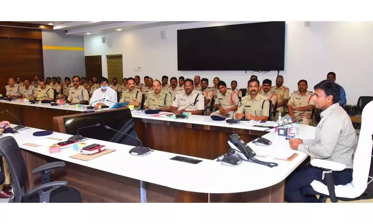 Commissioner of Police Kanthi Rana Tata at a review meeting at his office in Vijayawada on Friday