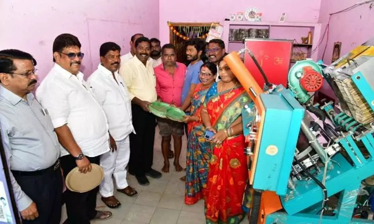 Tamil Nadu team visiting a paper plates unit set up by a Dalit Bandhu beneficiary Kalakunta Kala in Huzurabad constituency in Karimnagar on Friday