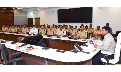 Commissioner of Police Kanthi Rana Tata at a review meeting at his office in Vijayawada on Friday