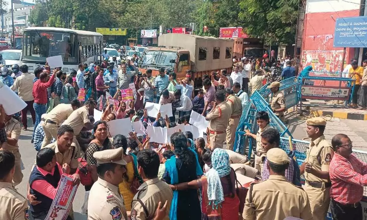 Government teachers staging protesting at the State School Education Directorate in Hyderabad on Hyderabad