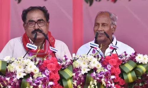 Tammineni Veerabhadram, CPM State secretary and Kunamneni Sambasiva Rao, CPI State secretary