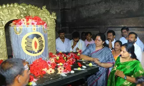BRS MLC K Kavitha at the Ramappa temple in Palampet village of Mulugu  district on Sundaya