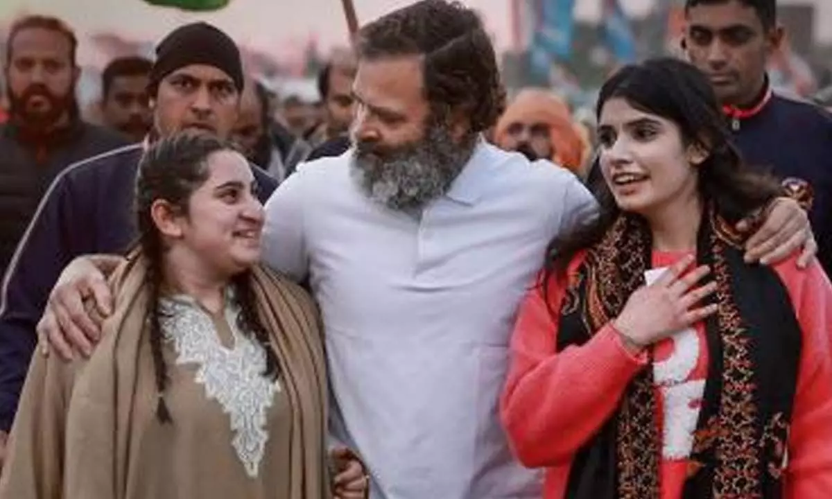 Congress leader Rahul Gandhi with supporters during the partys Bharat Jodo Yatra, at Hiranagar in Kathua district, Sunday