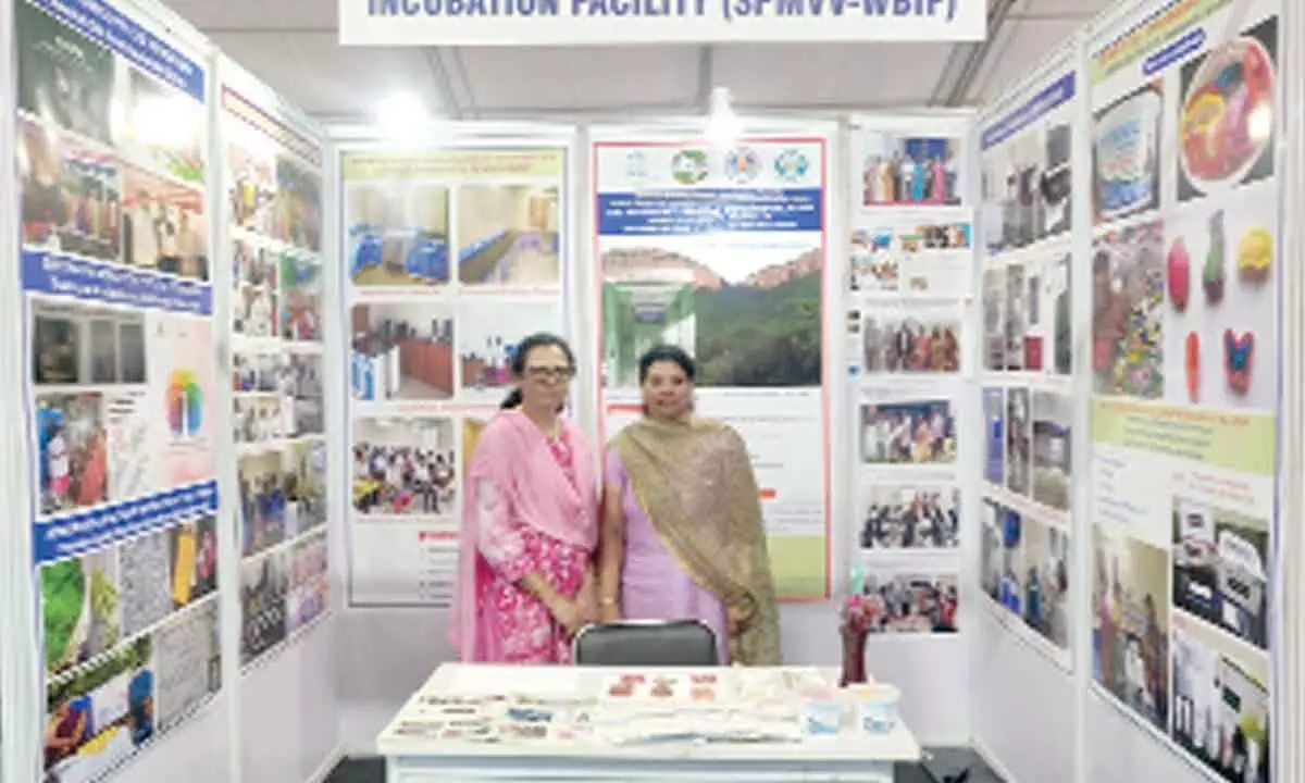 Dr V Kalarani and Dr Shilpa Nayuni of SPMVV at the Women Biotech incubation facility stall in Madhya Pradesh