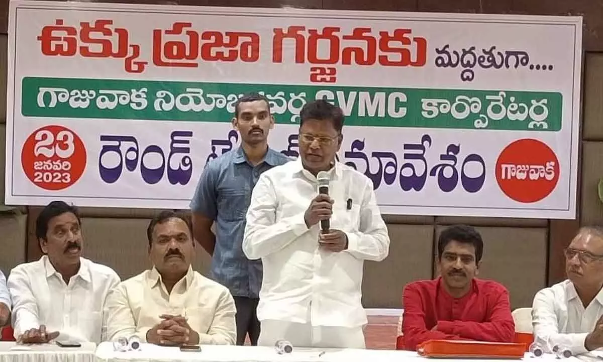 Gajuwaka constituency MLA Tippala Nagireddy speaking at the meeting held in Visakhapatnam on Monday