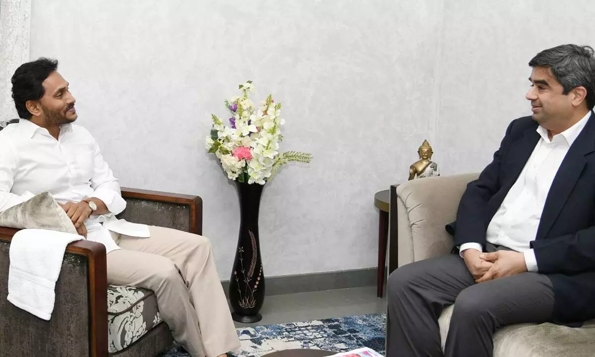 Uttar Pradesh CMs special advisor Saket Misra calls on Chief Minister Y S Jagan Mohan Reddy at camp office in Tadepalli on Tuesday