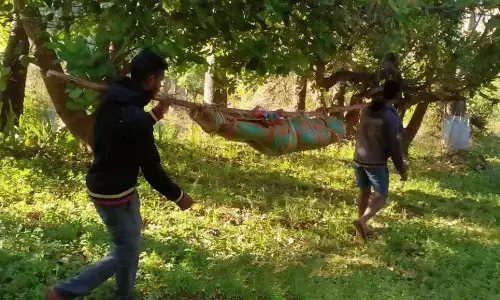 Tribals of Chalisingham carrying a dead body back to the village from hospital