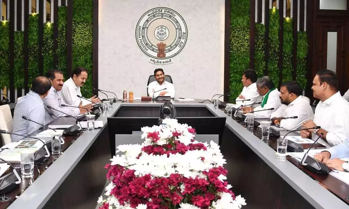 Chief Minister Y S Jagan Mohan Reddy holding a review meeting on Animal Husbandry, Dairy Development and Fisheries departments at his camp office in Tadepalli on Wednesday