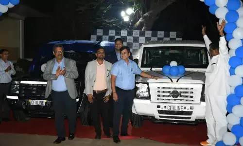 Ajay Bansal, regional head of Force Motors along with C B Joshi, head of AP and Telangana, releasing the modular utility vehicle Citiline in Vijayawada on Wednesday