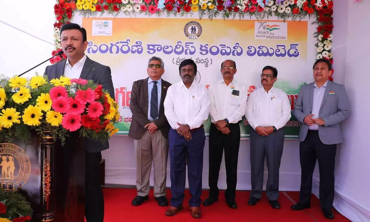 SCCL chairman and managing director N Sridhar speaking during the Republic Day celebrations at Singareni Bhavan on Thursday.