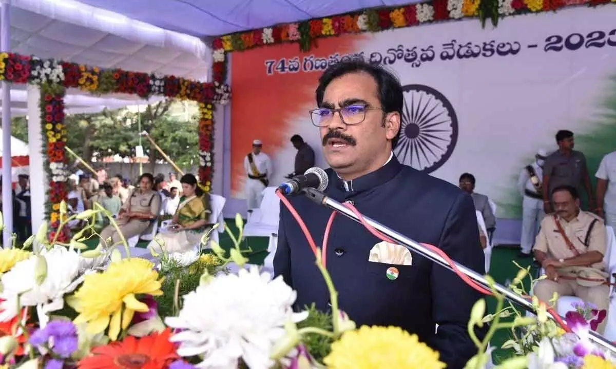 District Collector M Venugopal Reddy speaking at Republic Day celebrations in Guntur on Thursday