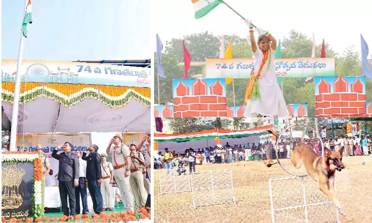 District Collector K Venkataramana Reddy saluting the flag after unfurling it at parade grounds  in Tirupati on Thursday; A girl performing a feat with tricolour in Tirupati; A dog performing a feat in R-Day celebrations in Tirupati on Thursday
