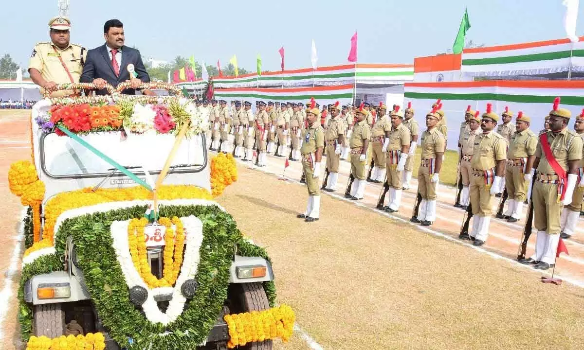 Krishna District Collector P Ranjith Basha taking guard of honour during Republic Day celebrations in Machilipatnam on Thursday
