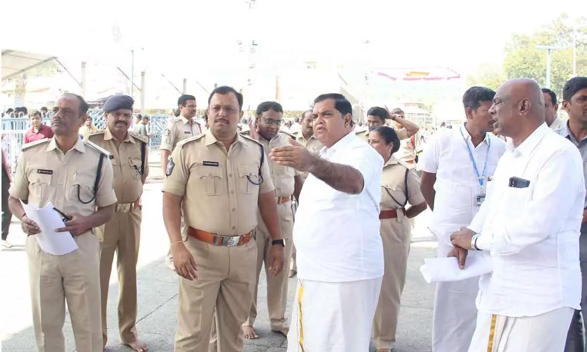 TTD CVSO Narasimha Kishore along with Tirupati urban SP P Parameshwar Reddy inspects the entry-exit gates at galleries in four Mada streets and other arrangements in view of Rathasaptami at Tirumala on Friday