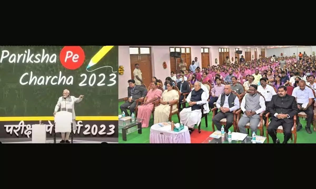 Governor Biswabhusan Harichandan alog with parents, teachers and officails takes part in Pariksha Pe Charcha-2023 conducted by Prime Minister Narendra Modi in virtual mode, at Maris Stella College in Vijayawada on Friday