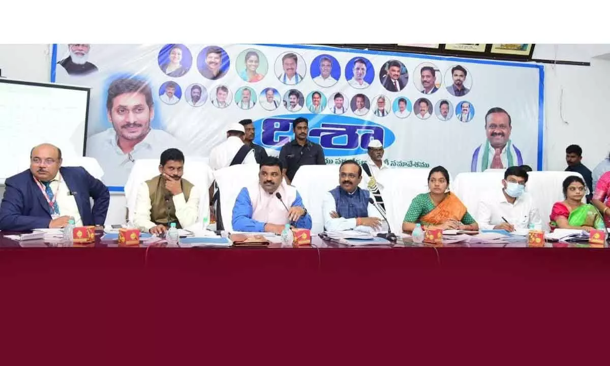 Machilipatnam MP and DISHA Committee Chairman Vallabhaneni Bala Showry during a review meeting at Machilipatnam on Friday. Krishna and NTR District Collectors P Ranjith Basha and S Dilli Rao are also seen.