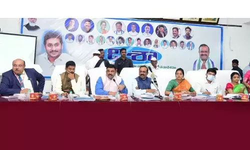 Machilipatnam MP and DISHA Committee Chairman Vallabhaneni Bala Showry during a review meeting at Machilipatnam on Friday. Krishna and NTR District Collectors P Ranjith Basha and S Dilli Rao are also seen.