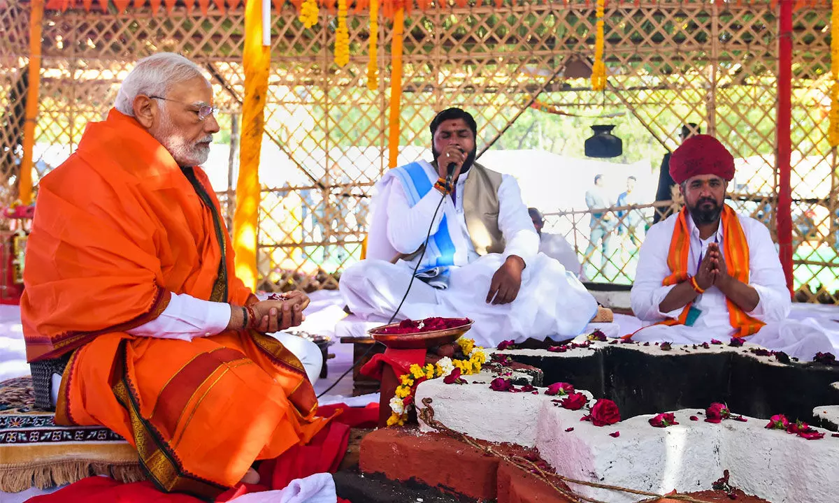 Prime Minister Narendra Modi performs puja during the commemoration of 1111th Avataran Mahotsav of Bhagwan Shri Devnarayan Ji, in Bhilwara on Saturday