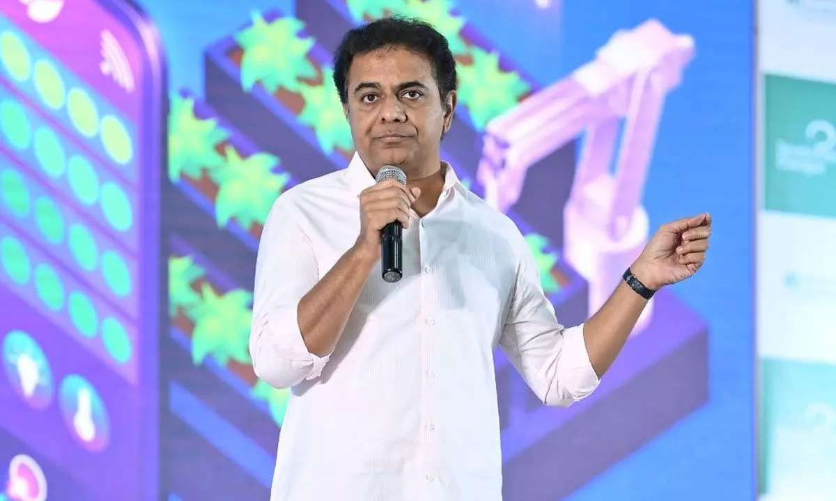 BRS working president KT Rama Rao addressing farmers at the 5th Development Dialogue in Nizamabad on Saturday