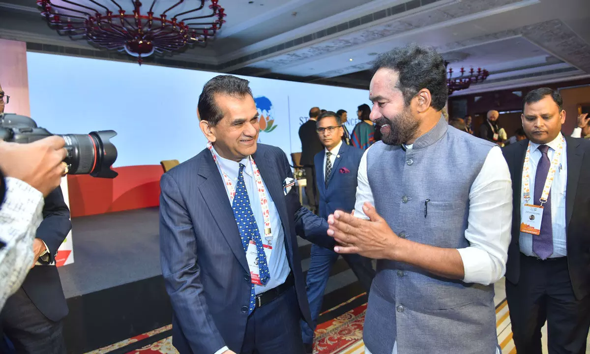 Union Minister for Tourism G Kishan Reddy having a word with India’s G20 Sherpa Amitabh Kant at the inaugural session of Startup20 Inception Meeting in Hyderabad on Saturday Photo: Adula Krishna