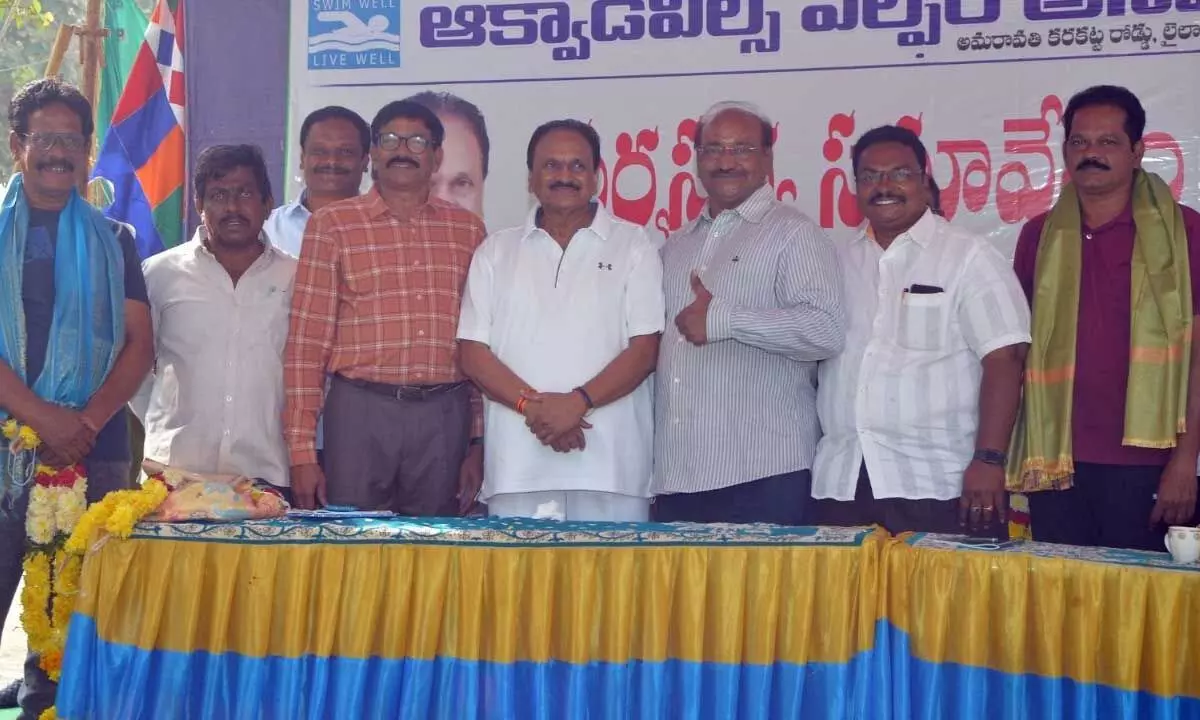Aqua Devils Association members and former MP Gokaraju Ganga Raju at the general body meeting in Vijayawada on Sunday