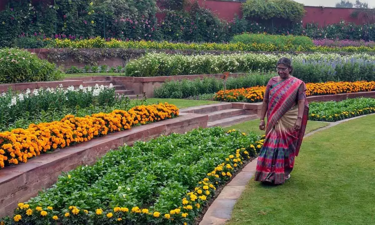 President Droupadi Murmu visits the Rashtrapati Bhavan gardens Amrit Udyan ahead of the opening of Udyan Utsav- 2023, in New Delhi on Sunday