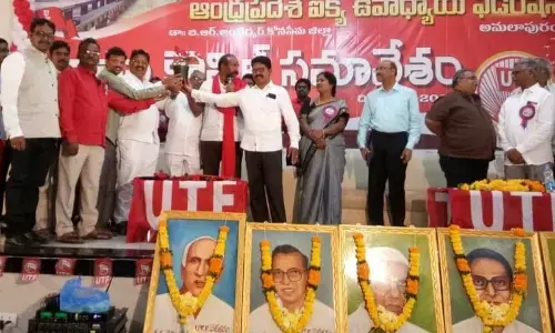 MLCs I Venkateswara Rao, Sheikh Sabji, UTF State general secretary KSS Prasad, UTF leader Chilukuri Srinivasa Rao and others at UTF council meeting in Mandapet on Sunday