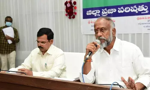 ZP Chairman G Srinivasulu addressing the ZP Standing Committee meet in Chittoor on Sunday. CEO Prabhakar Reddy is also seen.