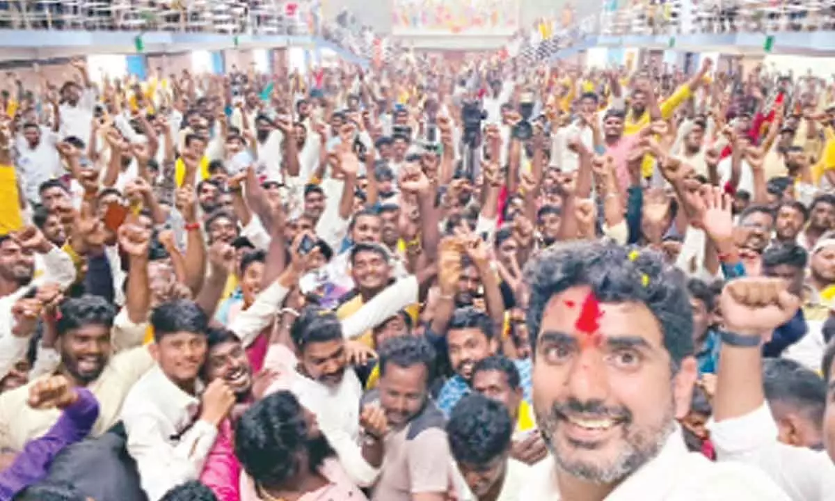 TDP national general secretary Nara Lokesh with youth at Hello Lokesh programme at GMR Mandapam near V Kota on Monday