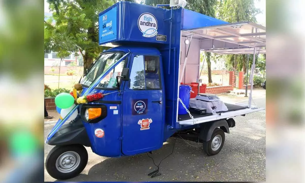 The Fish Andhra vehicle for selling fish, prawn and other marine products, inaugurated in Vijayawada on Monday