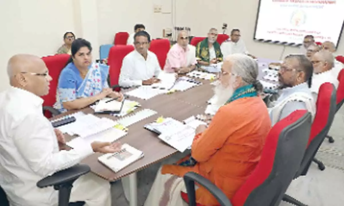 TTD EO A V Dharma Reddy holds a review  at SV Vedic University in Tirupati on Monday. JEO Sada Bhargavi and vice-chancellor Prof Rani Sadasiva Murthy are also seen.