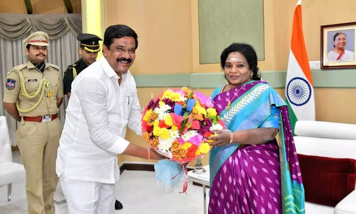 State Legislative Affairs Minister V Prashant Reddy along with officials called on Governor Dr Tamilisai Soundararajan in Raj Bhavan on Monday