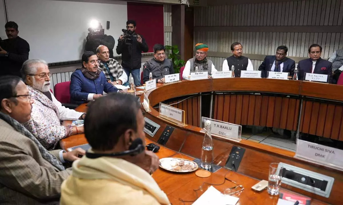 Defence Minister Rajnath Singh with Union Minister for Commerce and Industry Piyush Goyal, Union Minister for Parliamentary Affairs Pralhad Joshi and other leaders during an all-party meeting in New Delhi on Monday
