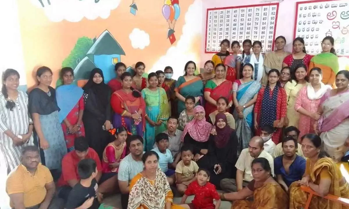Students, interns, teachers and SCRWWO members at Asha Kiran in Vijayawada on Tuesday