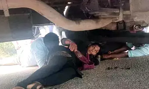 A woman got trapped under a state road transport corporation bus in Chingavanom (HT sourced photo)