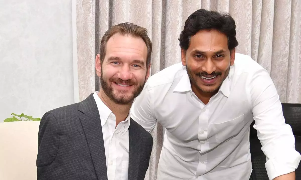 Chief Minister Y S Jagan Mohan Reddy with motivational speaker Nick Vujicic in Tadepalli on Wednesay