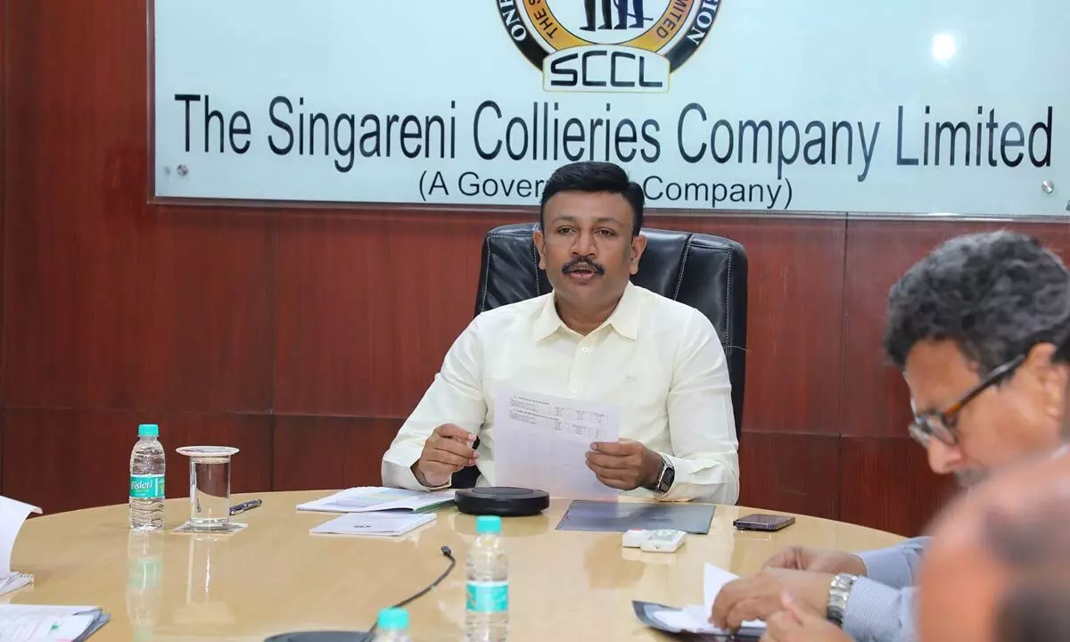 SCCL CMD N Sridhar speaking in a review meeting at Hyderabad on Thursday with Directors and GM’s