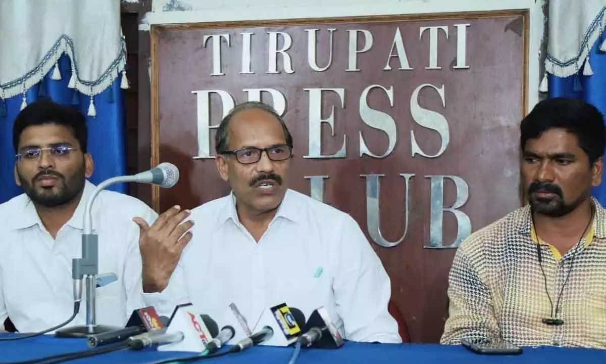 AP Civil Liberties Committee senior leader Kranthi Chaitanya speaking to media persons in Tirupati on Thursday
