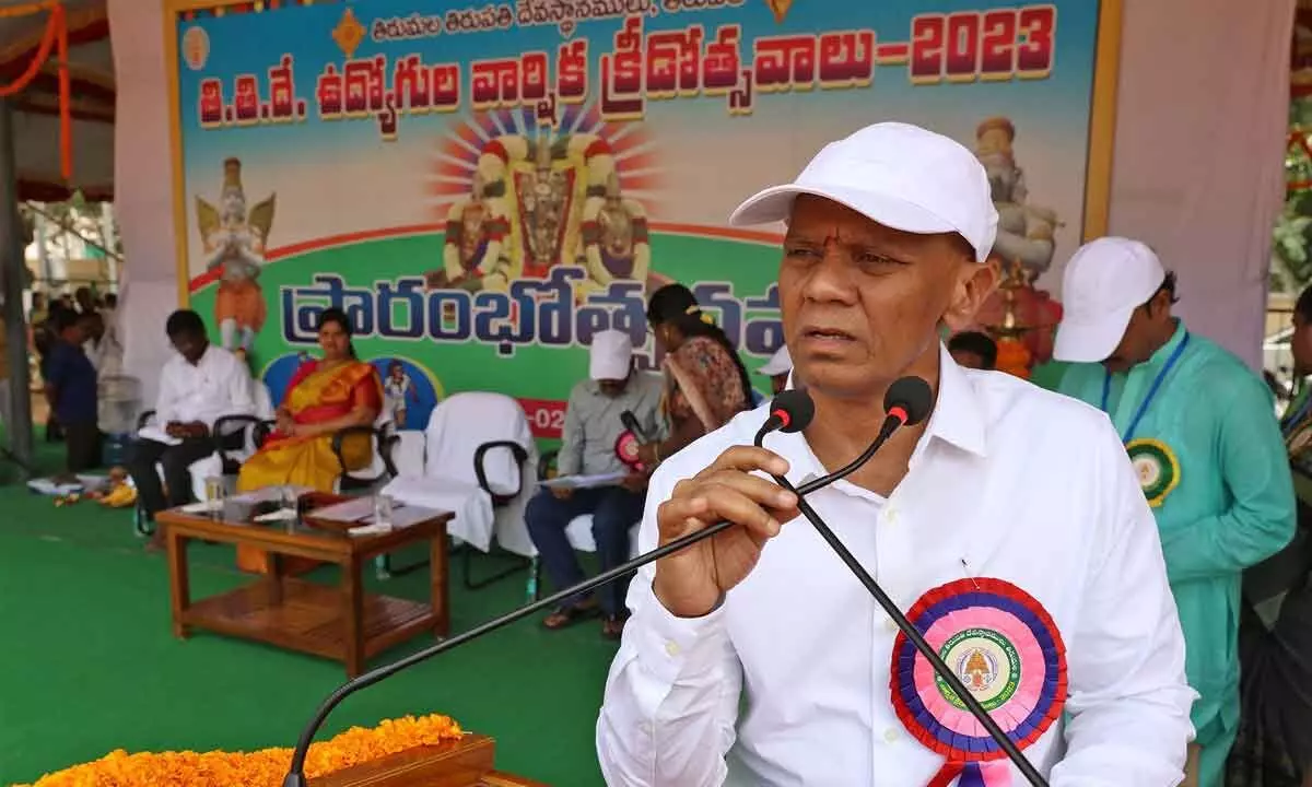 TTD Executive Officer A V Dharma Reddy addressing the employees after inaugurating TTD employees sports meet in Tirupati on Thursday