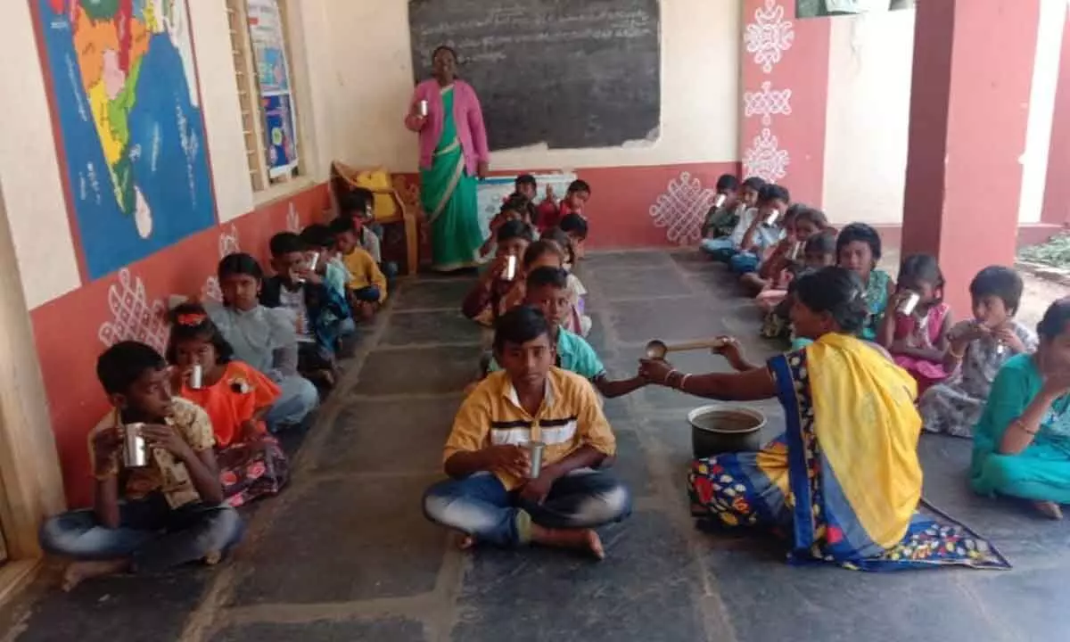 Ragi malt is being served to students in a school in Amaravati mandal of 	Guntur district (File Photo)