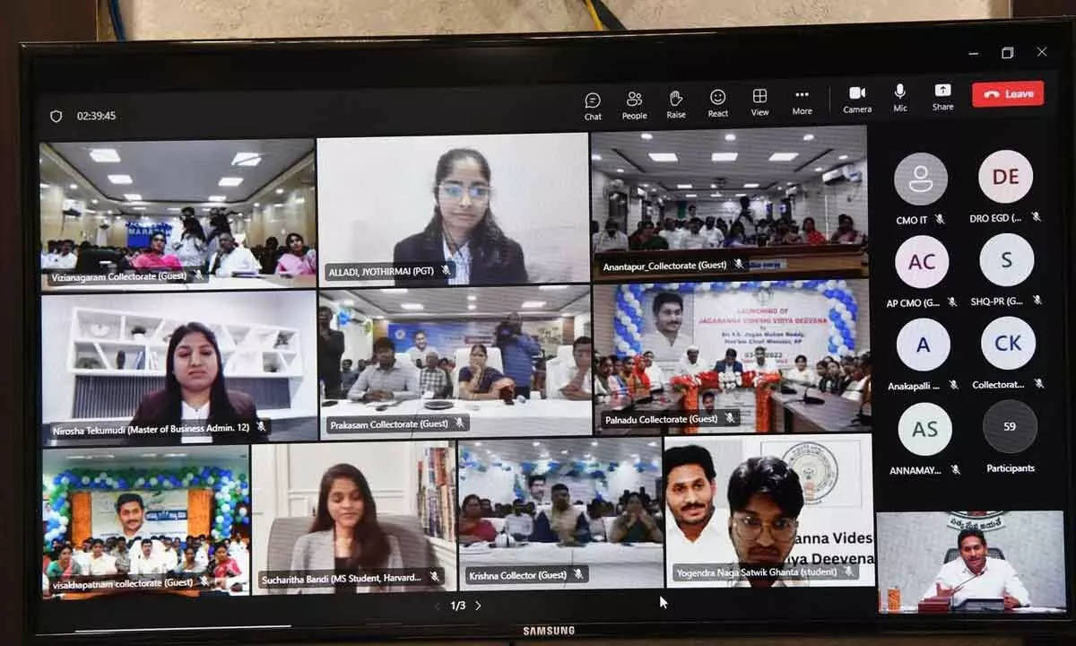 Chief Minister Y S Jagan Mohan Reddy interacting with the beneficiaries under the ‘Jagananna Videshi Vidya Deevena’ scheme through a video-conference from his camp office in Tadepalli on Friday