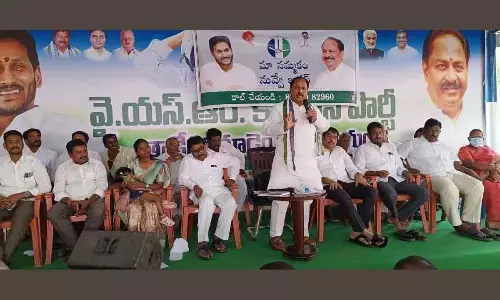 Endowments Minister Kottu Satyanarayana addressing an awareness conference at Tadepalligudem on Friday